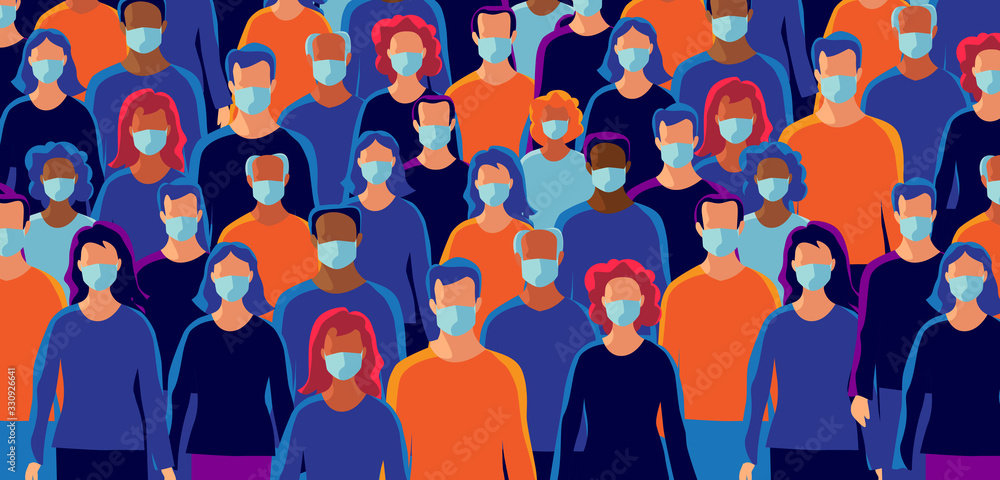 Group of people wearing protection medical face mask to protect and prevent virus, disease, flu, air pollution, contamination, corona. Many ages of old man woman. Vector illustration.