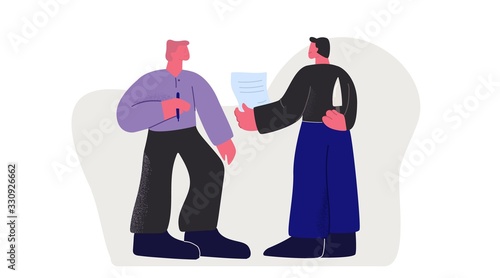 Two businessman making deal signing contract fraud fake holding knife behind back vector flat illustration. Cartoon male business partner betrayal big limbs style isolated on white background