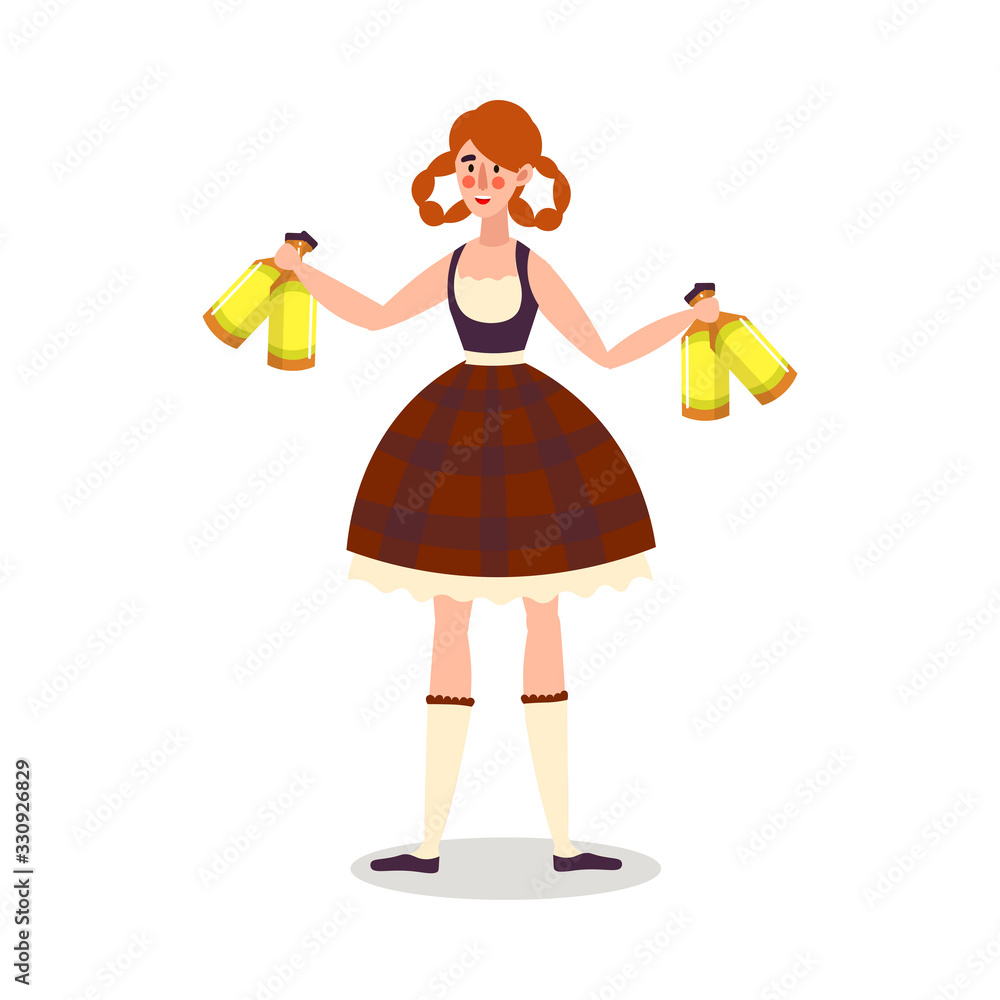 Fototapeta premium Woman waiter in skirt uniform serving fresh beer vector illustration