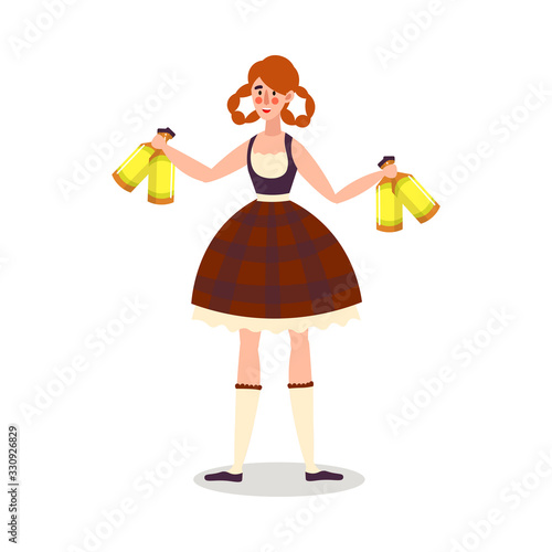 Woman waiter in skirt uniform serving fresh beer vector illustration