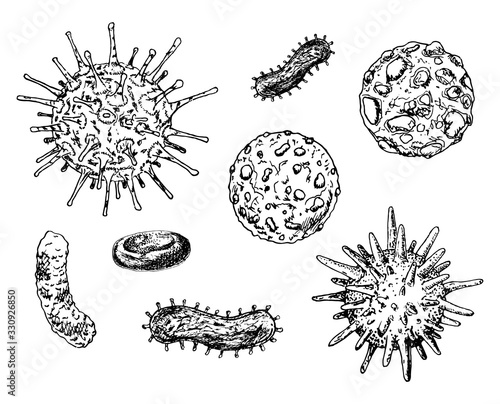 Bacteria and germs hand drawn set micro-organisms disease-causing objects, bacteria, viruses, pandemic microbes, fungi. Vector isolated biological icons