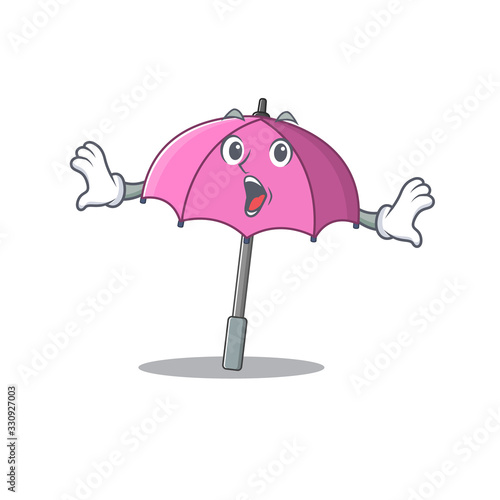 A cartoon character of pink umbrella making a surprised gesture