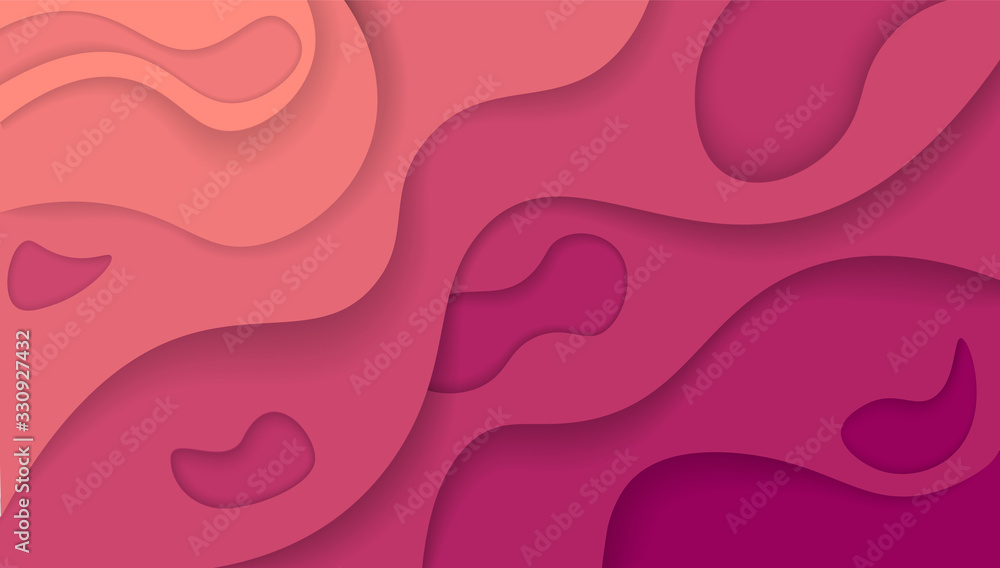 Colorful pastel pink and orange wave with different geometric shapes background vector graphic illustration. Abstract fluid flow diagonal futuristic waving curved backdrop