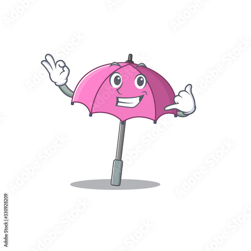 Pink umbrella mascot cartoon design showing Call me gesture