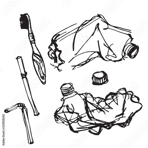 Plastic tubes for drinking, crumpled empty bottles, brush for teeth isolated on white background. Vector hand-drawn illustration. Sketch. Plastic waste for recycling. Pollution and ecology theme.