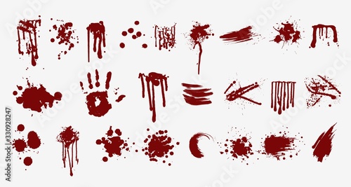 Various blood or paint splatters prints and splashes vector flat illustration. Set of abstract colorful red drops splashing elements isolated on white background