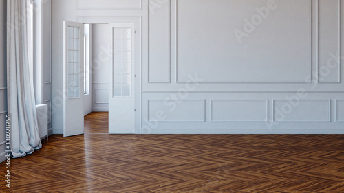 3D interior classic style, empty bright room, white wall, dark parquet.