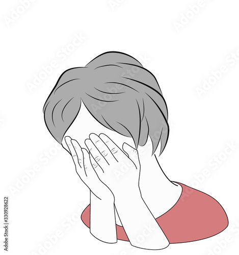 upset girl covers her face with hands. depression. vector illustration.