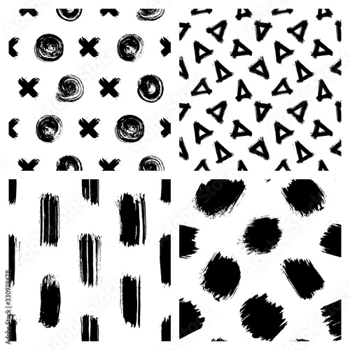 Set of black and white seamless patterns with geometric shapes  circles  triangles  crosses  stripes hand drawn with ink. Vector wallpapers. Simple grunge style backgrounds. 