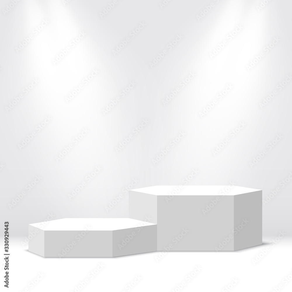 White blank podium. Pedestal with spotlights. Hexagonal scene. Vector illustration. White blank podium. Pedestal with spotlights. Hexagonal scene. Vector illustration.