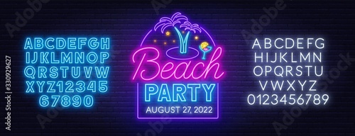 Beach party neon sign on brick wall background. Template for design with fonts.