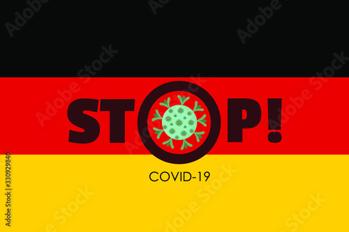 Vector banner of coronavirus outbreak in Germany. Quarantine in Germany. Stop coronavirus concepts.Germany national flag and warning. Epidemic alert. Covid-19, 2019-nCoV. Molecule of coronavirus.