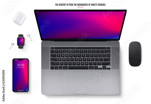 smartphone, laptop, mouse, headphones and smartwatch flat lay isolated on white background. top view detailed and realistic gadgets mockup. stock vector illustration