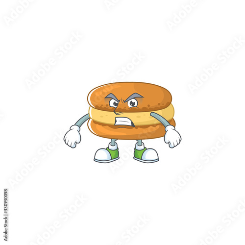 Charming chocolate macarons mascot design style waving hand