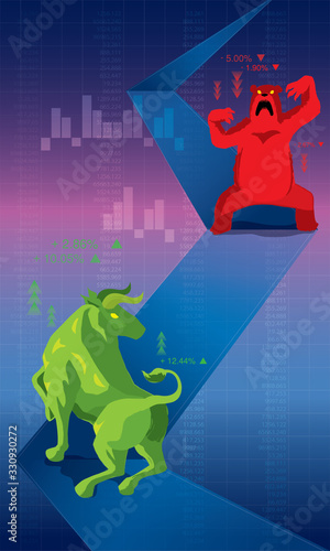 Vector of bull and bear, which represent stock market trends.