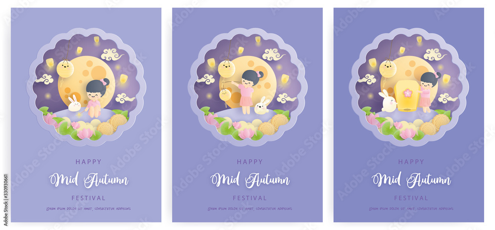 Happy Mid Autumn festival with beautiful lotus and bunny, full moon. Paper cut vector illustration.