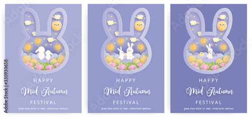 Happy Mid Autumn festival with beautiful lotus and bunny, full moon. Paper cut vector illustration.