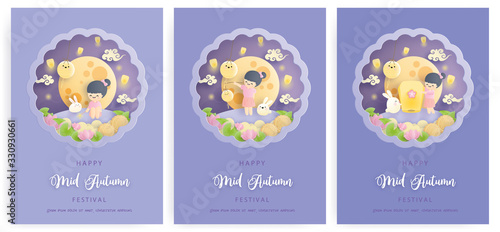 Happy Mid Autumn festival with beautiful lotus and bunny, full moon. Paper cut vector illustration.