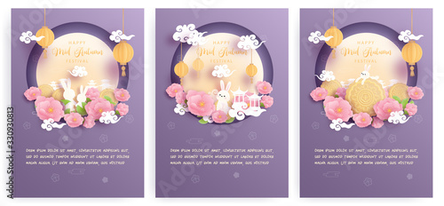 Happy Mid Autumn festival with beautiful lotus and bunny, full moon. Paper cut vector illustration.