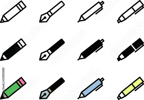 ペンや鉛筆のアイコン／シャーペン／ボールペン／マーカー