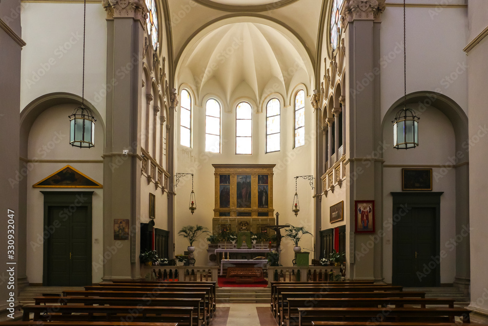 San Fior di Sopra, Italy. Interiors of catholic church (Chiesa di San Giovanni Battista) in San Fior di Sopra.