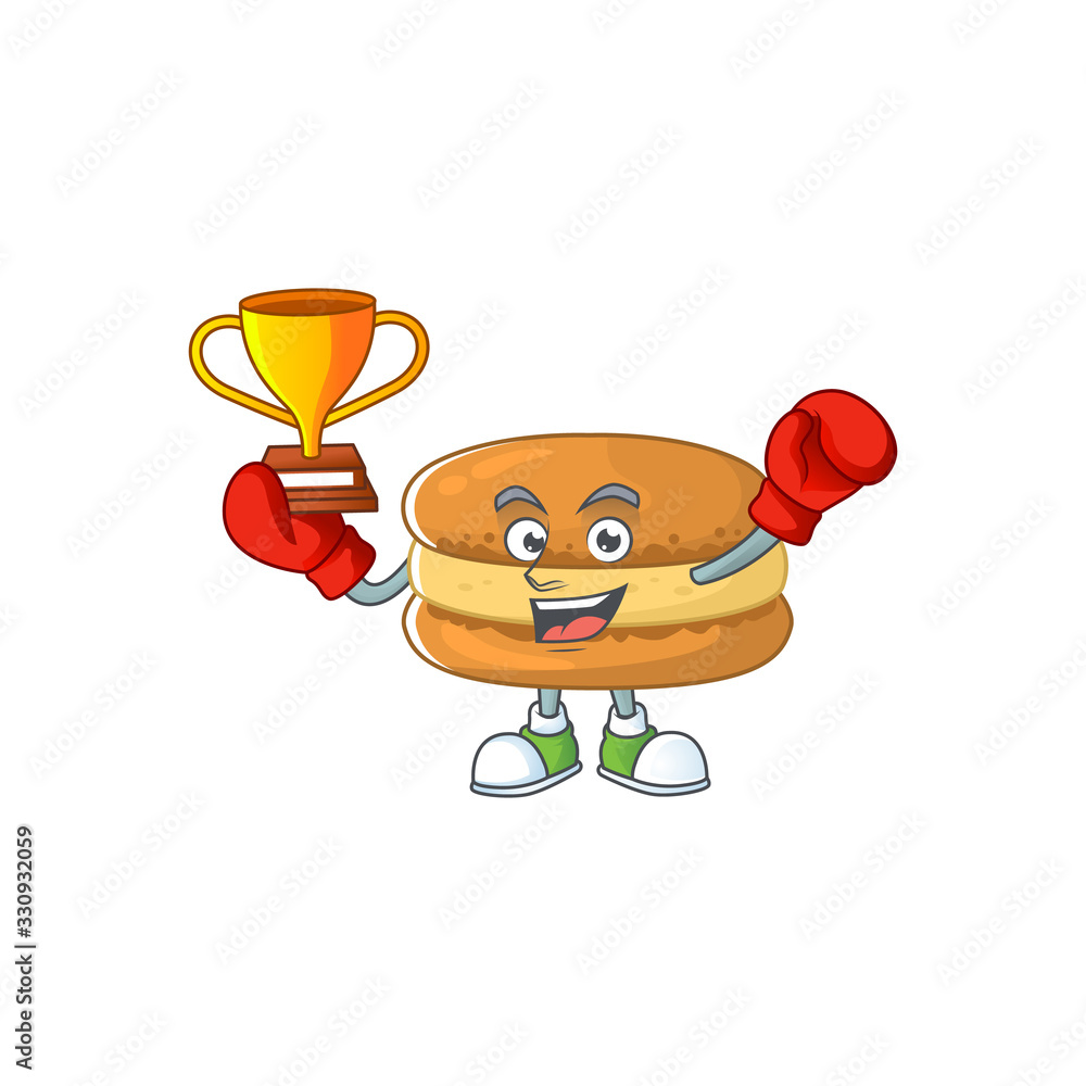 Happy face of boxing winner chocolate macarons in mascot design style