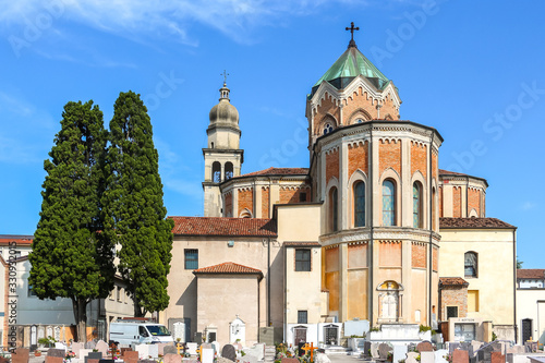 San Fior di Sopra, Italy. Architecture of catholic church (Chiesa di San Giovanni Battista) in San Fior di Sopra.
