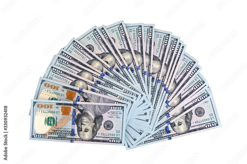 fan of banknotes, us dollars isolated on white. Top view fan of banknotes, us dollars isolated on white. Top view