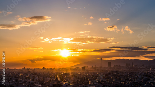 Tehran skyline at the sunset with Milad tower in the frame  colorful photo of Tehran-Iran cityscape