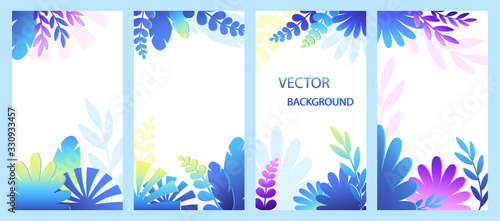 Vertical backgrounds with abstract voluminous leaves. Modern gradient. Backgrounds for social networks, stories, banners, posters, cover design templates with space for text. Vector illustration