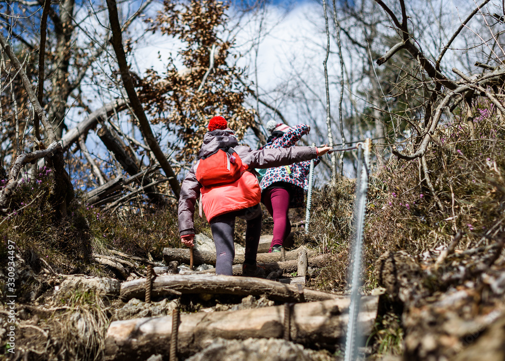 Children hiking in the mountains or woods on family trip. Children hiking in the mountains or woods on family trip.