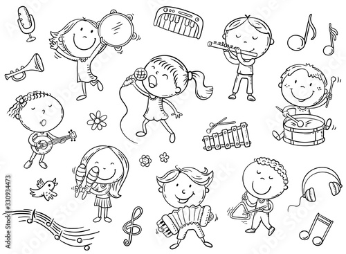 Kids with different musical instruments, playing music and singing