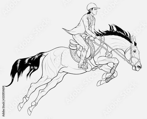Rider on horseback overcomes a fence on show jumping course. Black and white Illustration of a stallion and sportswoman perform at competition. Vector linear clip art for equitation.
