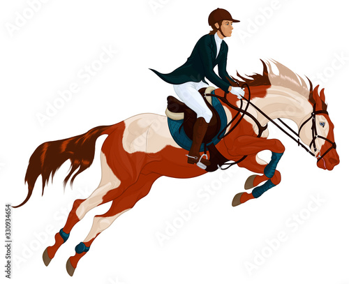 Rider on horseback overcomes a fence on show jumping course. Illustration of a pinto stallion and sportswoman perform at competition. Vector clip art for cross-country equestrianism and equitation.