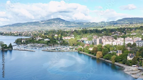 Aerial view of Yacht club on Lake Geneva shoreline at Switzerland