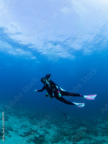 Scuba divers dive underwater