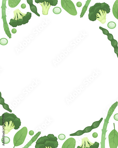 Flat lay illustration with broccoli  green beans  asparagus  peas  spinach. Healthy food  vegetarianism. Template with place for text.