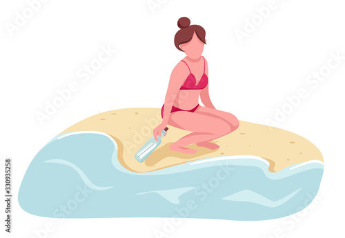 Woman in swimsuit picking message in bottle flat color vector faceless character. Girl finding letter on sand beach isolated cartoon illustration for web graphic design and animation
