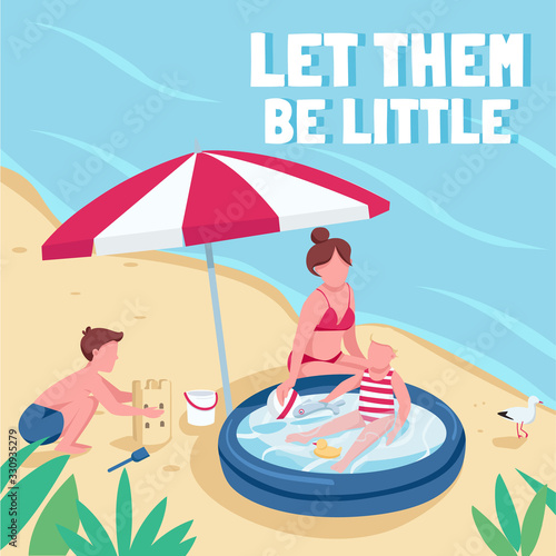 Children beach activities social media post mockup. Let them be little phrase. Web banner design template. Booster, content layout with inscription. Poster, print ads and flat illustration