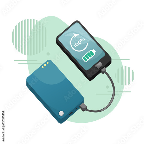 The phone is charged from the power bank. Battery. Vector illustration.
