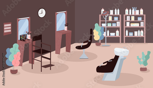 Beauty salon flat color vector illustration. Hair stylist workplace. Room of make up artist. Barbershop table. Cosmetology parlor 2D cartoon interior with mirrors and armchairs on background