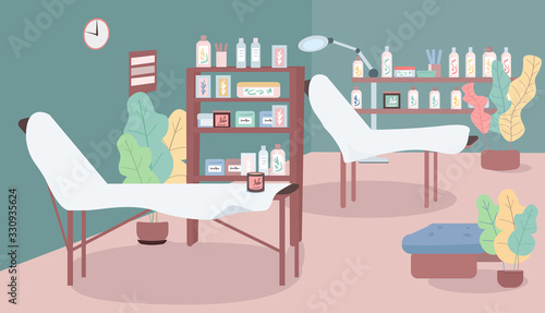 Waxing salon flat color vector illustration. Workplace in cosmetology shop. Beds for hair removing procedure. Room for depilation. Beauty parlour 2D cartoon interior with furniture on background