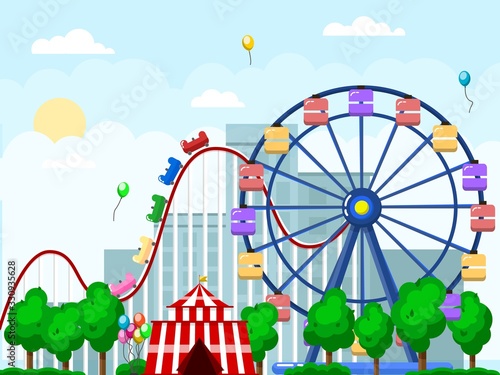 Amusement park, urban landscape with carousels and roller coaster