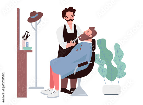 Barbershop flat color vector characters. Man cutting beard. Male stylist trimming facial hair. Hipster getting haircut. Hairdressing treatment. Beauty salon procedure isolated cartoon illustration