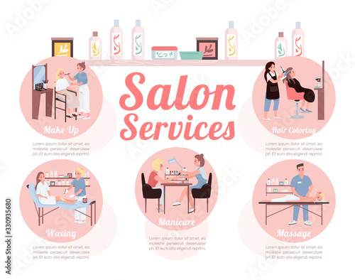 Salon services flat color vector informational infographic template. Apply make up. Poster, booklet, PPT page concept design with cartoon characters. Advertising flyer, leaflet, info banner idea