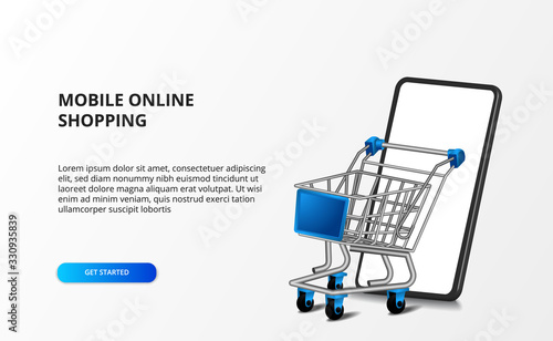3d isometric illustration trolley with smartphone. Online store shopping and e commerce concept.
