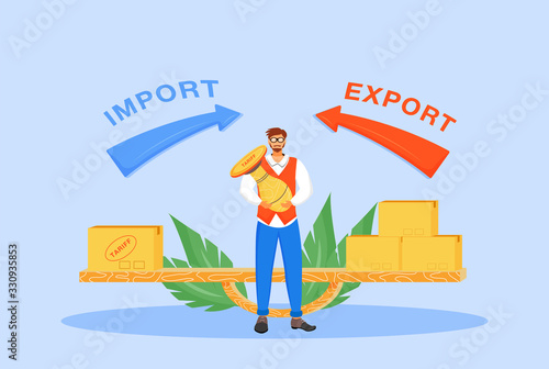 Import and export taxes flat concept vector illustration. Man with tariff stamp 2D cartoon character for web design. International trading policy, taxation prices regulation creative idea