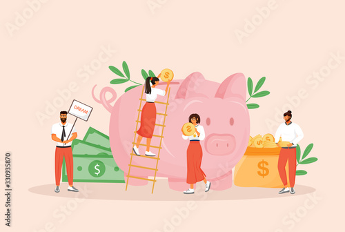Money saving flat concept vector illustration. Men and women planning budget 2D cartoon characters for web design. Bank deposit, future investment, pension fund, finances management creative idea