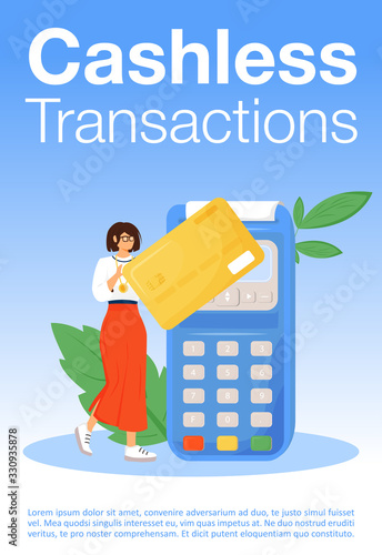 Cashless transactions poster flat vector template. Banking service, credit card use brochure, booklet one page concept design with cartoon characters. Modern e payment systems flyer, leaflet