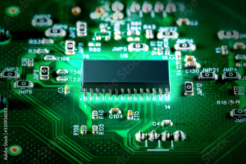 Fototapeta Naklejka Na Ścianę i Meble -   Electronic computer hardware technology. Motherboard digital chip. Quantum processor .